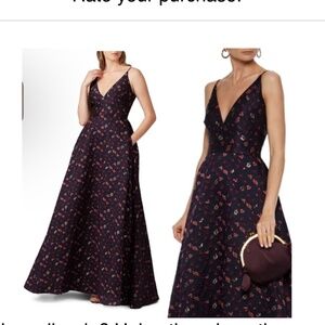 V-Neck Floral Jacquard Gown Monique Lhuillier